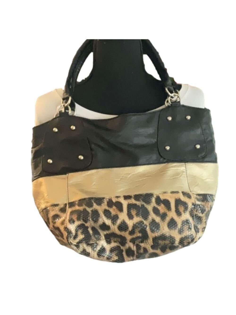FAUX LEATHER BLACK AND GOLD BAG WITH ANIMAL PRINT